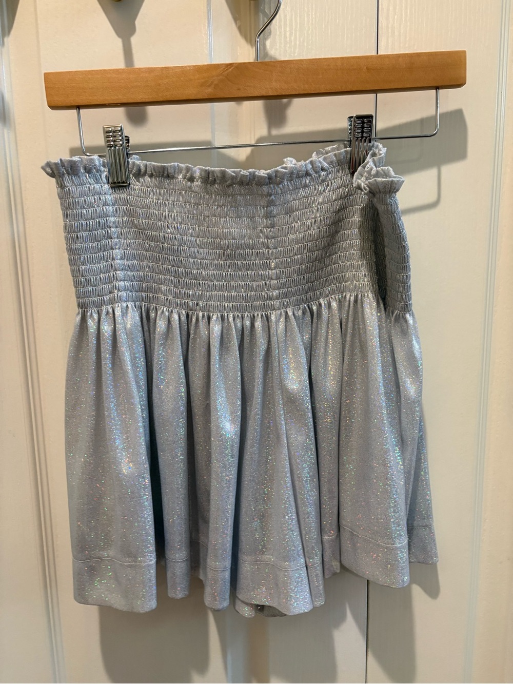 QUEEN OF SPARKLES Silver Glitter High-Waist Smocked Shorts